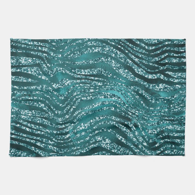 Teal Ombre Glam Glitter Tiger Stripes Pattern Tea Towel (Horizontal)