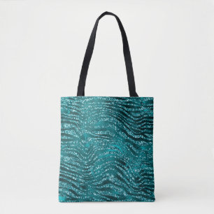 Teal Ombre Glam Glitter Tiger Stripes Pattern Tote Bag