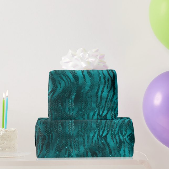 Teal Ombre Glam Glitter Tiger Stripes Pattern Wrapping Paper (Party Gifts)