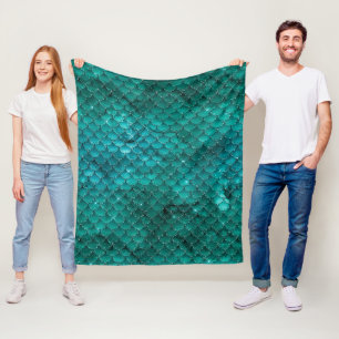 Teal Ombre Glam Mermaid Scales Pattern Fleece Blanket