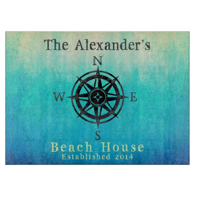 Teal Ombre Sea Nautical Monogram Cutting Board (Front)