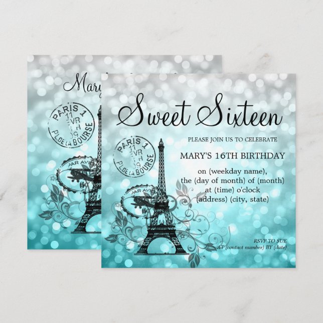 Teal Ombre Sweet Sixteen Romantic Paris Glam Invitation (Front/Back)