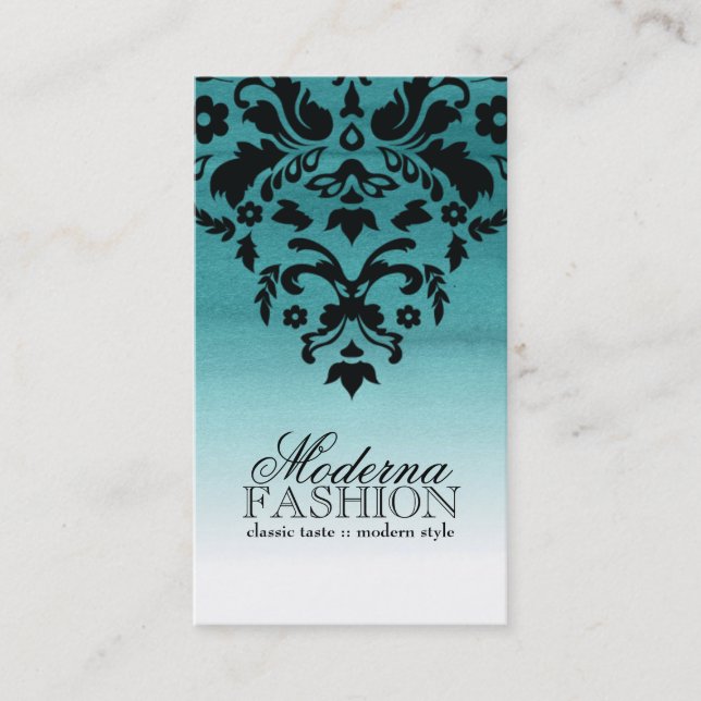 Teal Ombre Watercolour Damask Business Card (Front)