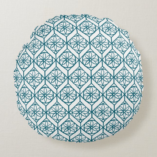 Teal on White Ethnic Pattern, Flowers, Chevrons Round Cushion (Front)