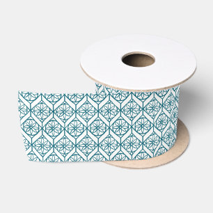 Teal on White Ethnic Pattern, Flowers, Chevrons Satin Ribbon