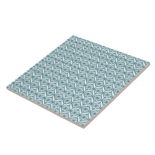 Teal on White Ethnic Pattern, Flowers, Chevrons Tile