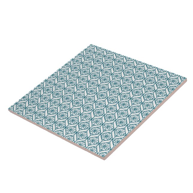 Teal on White Ethnic Pattern, Flowers, Chevrons Tile (Side)