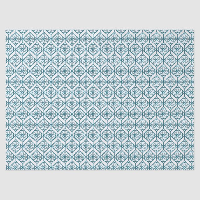 Teal on White Ethnic Pattern, Flowers, Chevrons Tissue Paper (Front)