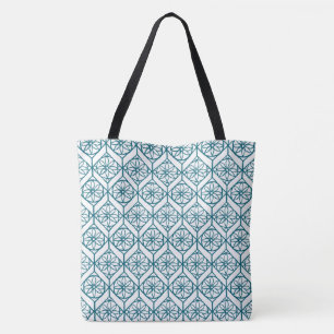 Teal on White Ethnic Pattern, Flowers, Chevrons Tote Bag