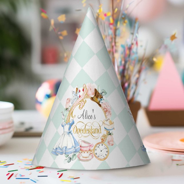 Teal, Onederland first birthday, Alice tea party Party Hat (Alice onederland, girl 1st birthday cone party hat.)