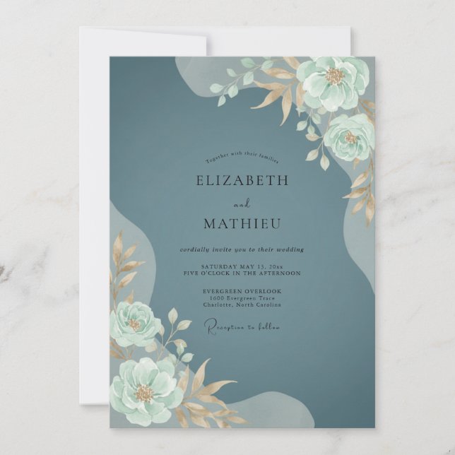 Teal Opalescent Blossom Wedding Invitation (Front)