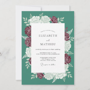 Teal Opulent Winter Rose Wedding Invitation