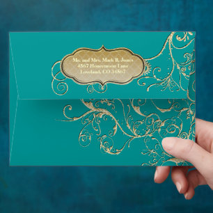 Teal or any Colour Gold Swirl Wedding Envelope