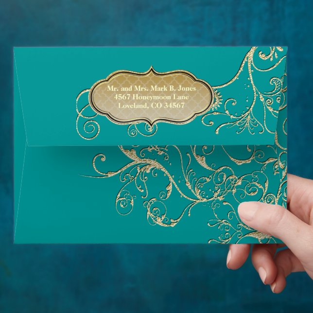 Teal or any Colour Gold Swirl Wedding Envelope (Hand)