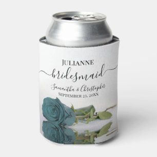 Teal or Dark Aqua Rose Elegant Bridesmaid Wedding Can Cooler