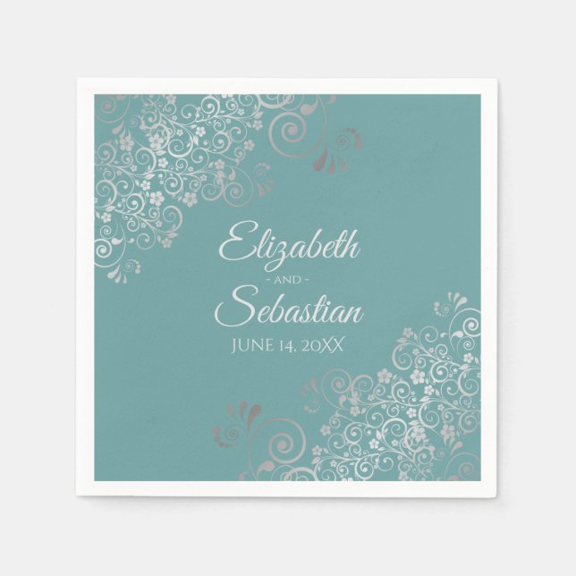 Teal or Turquoise Silver Frills Elegant Wedding Napkin (Front)