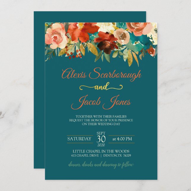 Teal, Orange and Gold Floral Wedding Invitation (Front/Back)