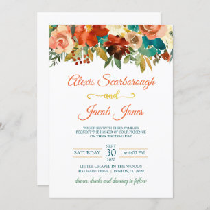 Teal, Orange and Gold Floral Wedding Invitation Wh