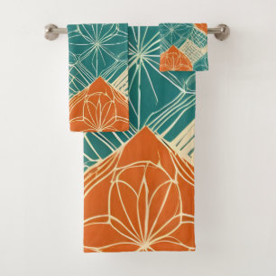 Teal, Orange, and Tan Abstract Flowers Bath Towel Set