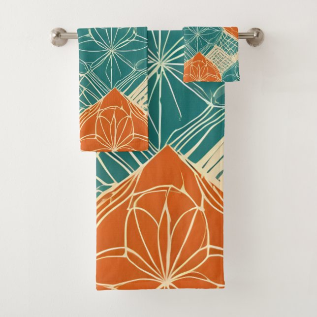 Teal, Orange, and Tan Abstract Flowers  Bath Towel Set (Insitu)