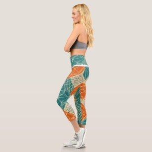 Teal, Orange, and Tan Abstract Flowers Capri Leggings