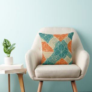 Teal, Orange, and Tan Abstract Flowers Cushion