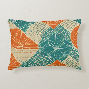 Teal, Orange, and Tan Abstract Flowers Decorative Cushion
