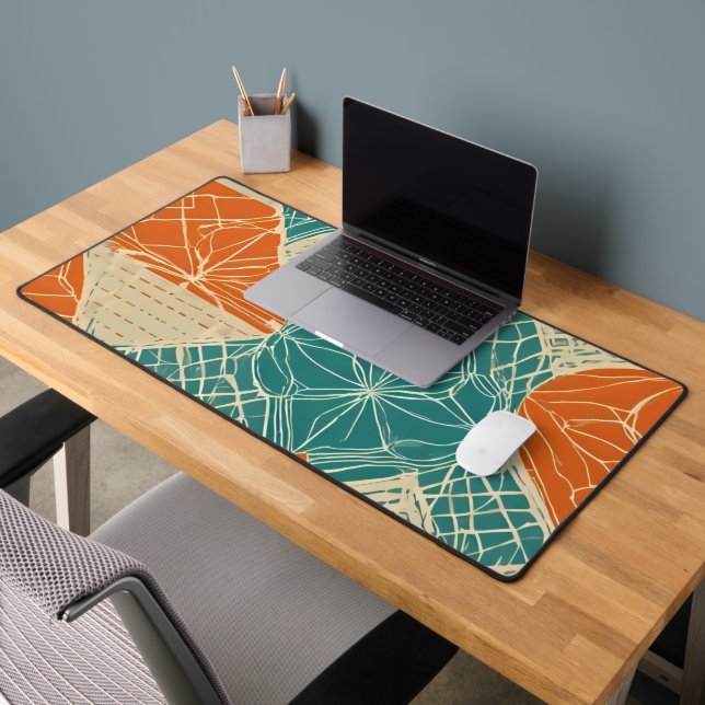 Teal, Orange, and Tan Abstract Flowers Desk Mat (Office 2)