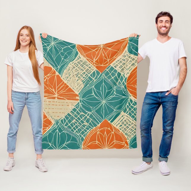 Teal, Orange, and Tan Abstract Flowers Fleece Blanket (In Situ)