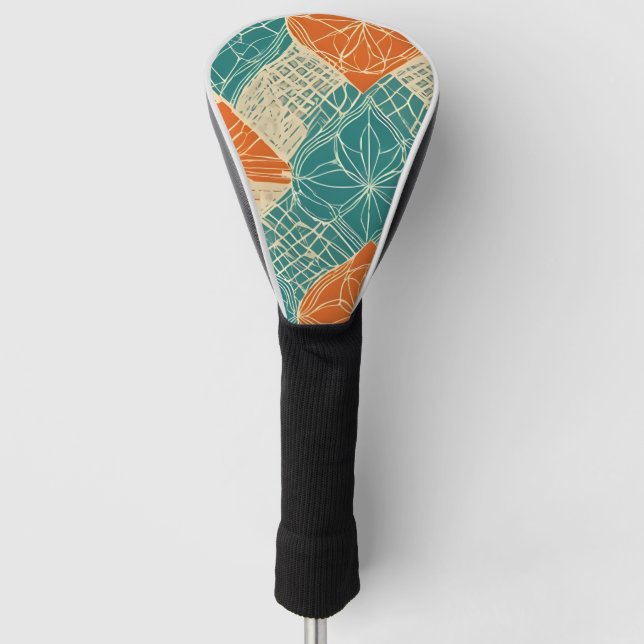 Teal, Orange, and Tan Abstract Flowers Golf Head Cover (Front)