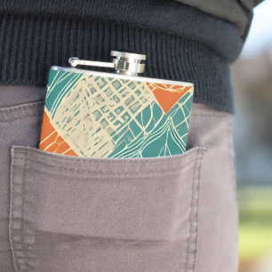 Teal, Orange, and Tan Abstract Flowers Hip Flask