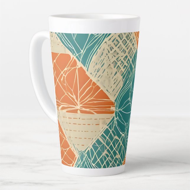 Teal, Orange, and Tan Abstract Flowers Latte Mug (Left Angle)