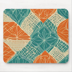 Teal, Orange, and Tan Abstract Flowers Mouse Pad