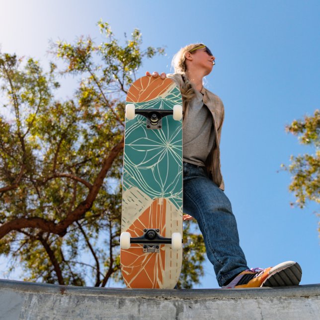 Teal, Orange, and Tan Abstract Flowers  Skateboard (Outdoor 1)