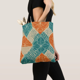 Teal, Orange, and Tan Abstract Flowers Tote Bag