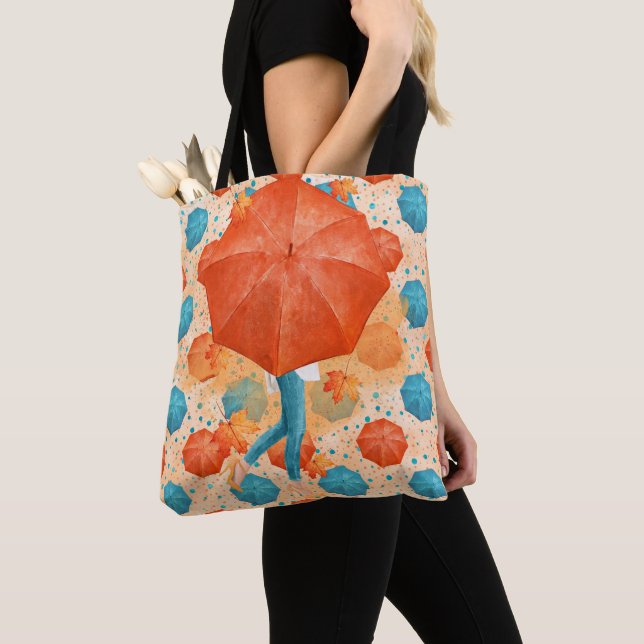 TEAL & ORANGE AUTUMN UMBRELLAS WITH WOMAN  TOTE BAG (Close Up)