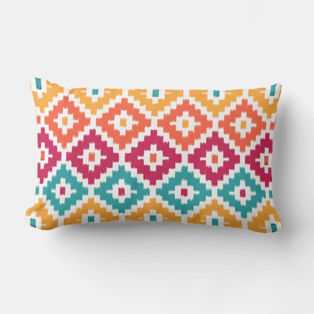 Teal Orange Aztec Tribal Print Ikat Diamond Pattrn Lumbar Cushion (Front)