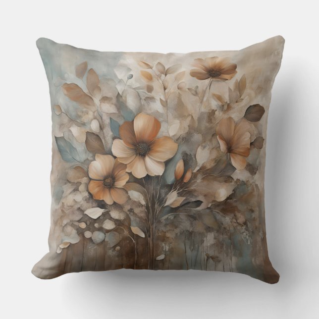 Teal Orange Beige Tones Wildflower Floral Cushion (Front)