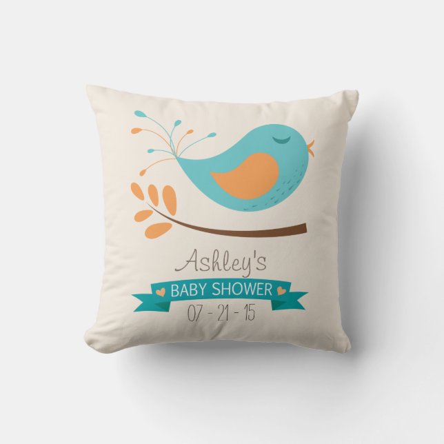 Teal & Orange Bird on Branch Baby Shower Cushion (Front)