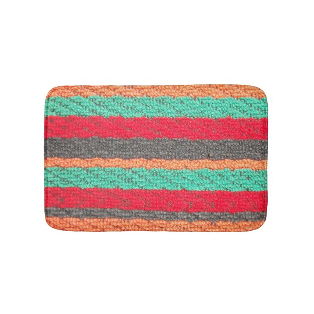 Teal, Orange, Black, and Red Beach Towel Stripes Bath Mat (Front)