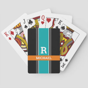 Teal Orange & Black Stripes, Bold Monogram & Name Playing Cards