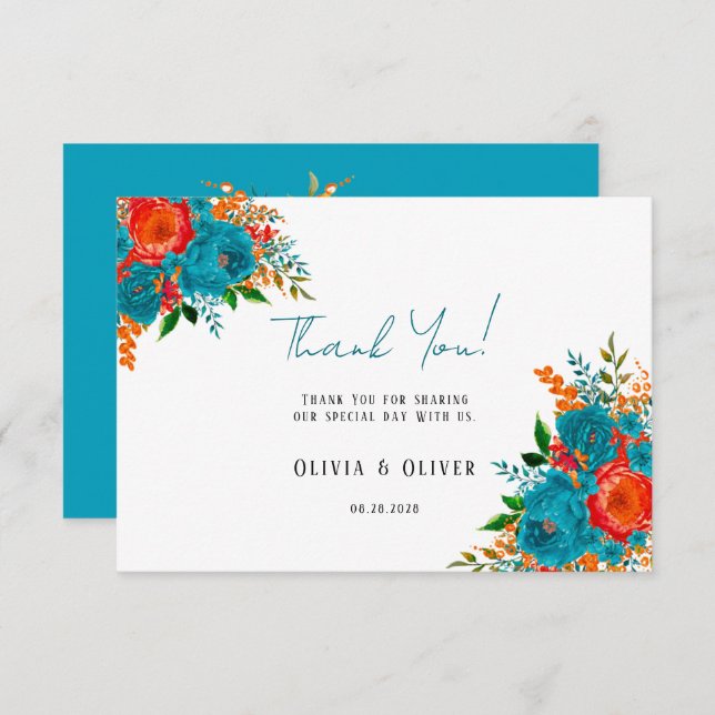 Teal Orange Botanical Floral Wedding Thank You  (Front/Back)