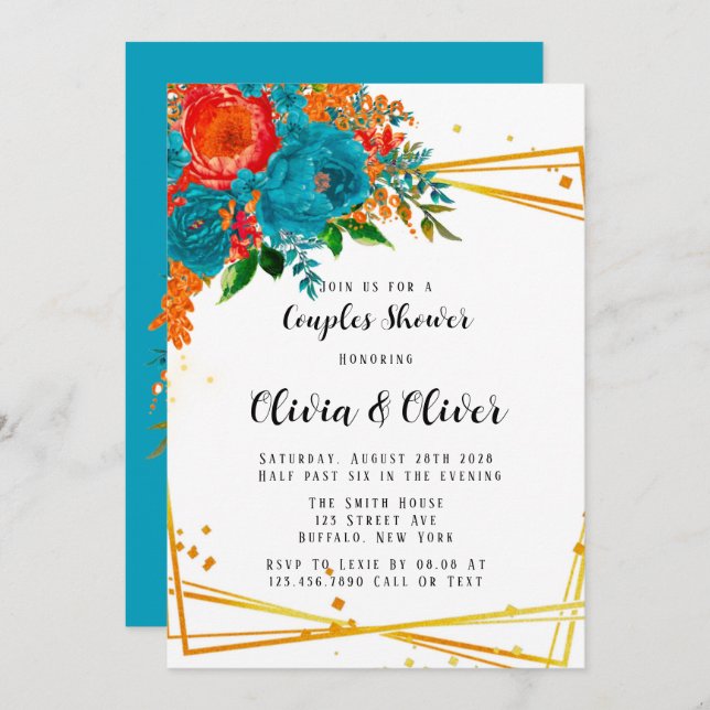 Teal Orange Botanical Florals Gold Couples Shower  Invitation (Front/Back)