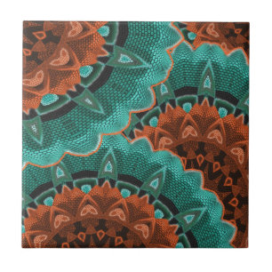 Teal Orange Brown Big Floral Abstract Pattern Tile
