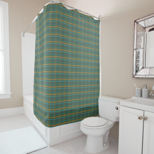Teal Orange Brown Twill Plaid Illustration Pattern Shower Curtain (In Situ)