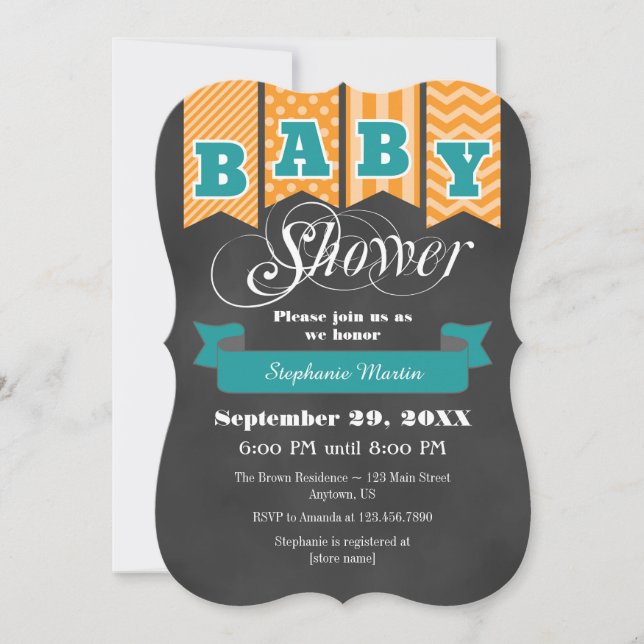Teal Orange Chalkboard Flag Baby Shower Invite (Front)
