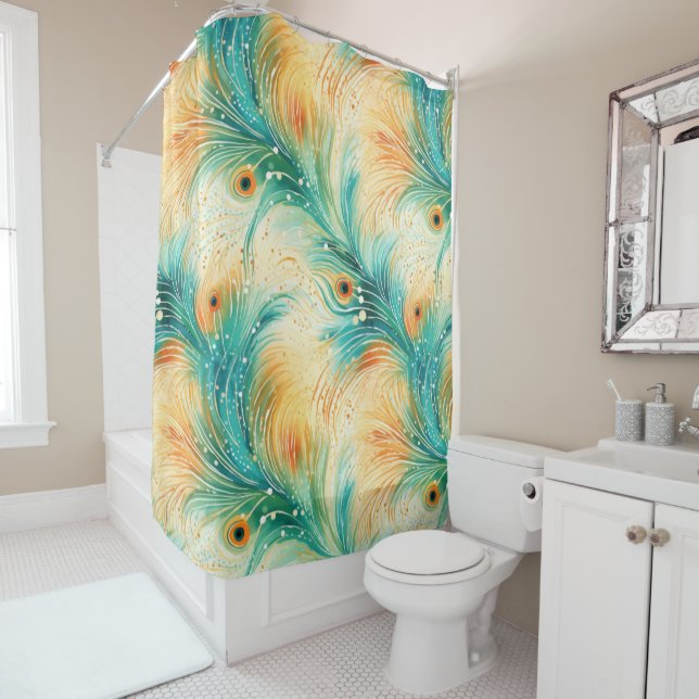 Teal Orange Cream Peacock Feathers Shower Curtain (In Situ)
