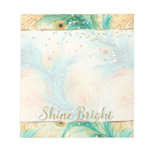 Teal Orange Cream Peacock Glitter Feathers Notepad