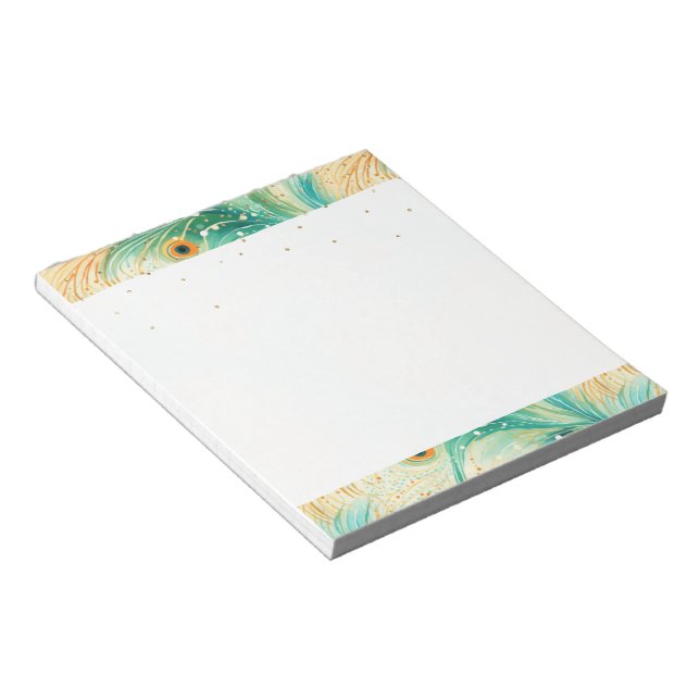 Teal Orange Cream Peacock Glitter Feathers Notepad (Angled)