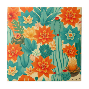 Teal Orange Desert Cactus Bloom Tile